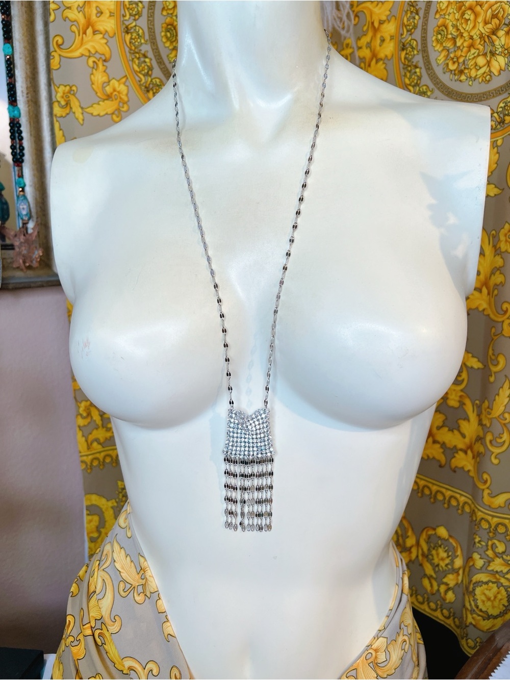 18k white gold CZ diamond pendant fringe chain long necklace gorgeous ⭐️⭐️